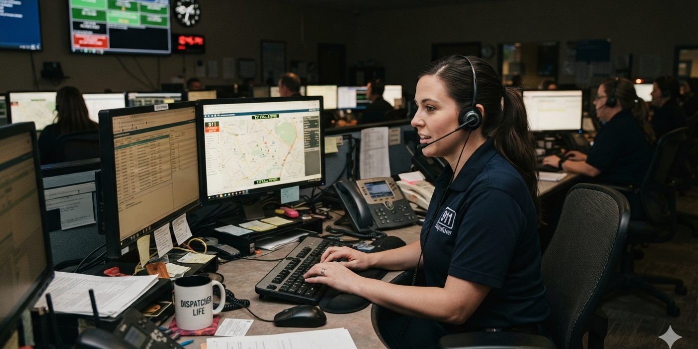 911 dispatcher working at an emergency communications center